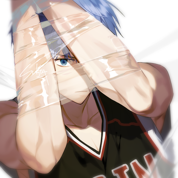 1boy arms_up basketball_uniform black_tank_top blue_eyes blue_hair bound bound_arms clothes_writing collarbone frown kuroko_no_basuke kuroko_tetsuya looking_at_viewer solo sportswear sukja tank_top tape tape_bondage upper_body