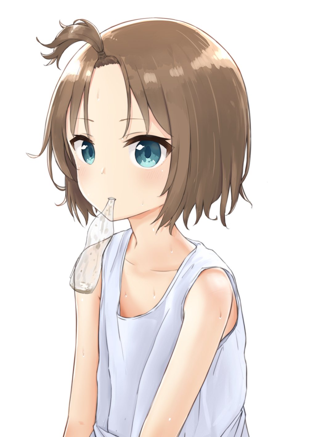 1girl bangs bare_shoulders blue_eyes blush bottle brown_hair collarbone commentary_request coraman eyebrows_visible_through_hair highres looking_away mouth_hold original parted_bangs parted_lips simple_background solo tank_top topknot upper_body upper_teeth white_background white_tank_top