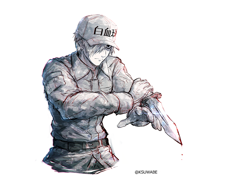 1boy belt black_eyes closed_mouth collared_jacket commentary_request cowboy_shot gloves grey_jacket hair_over_one_eye hat hataraku_saibou holding holding_knife holding_weapon jacket kei-suwabe knife long_sleeves male_focus one_eye_covered peaked_cap simple_background solo standing twitter_username weapon white_background white_blood_cell_(hataraku_saibou) white_gloves white_skin