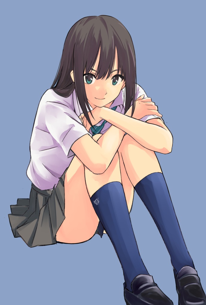 1girl black_footwear black_hair blue_background blue_legwear green_eyes green_neckwear grey_skirt hair_between_eyes idolmaster idolmaster_cinderella_girls kneehighs leg_hug loafers long_hair looking_at_viewer matsuse_daichi miniskirt necktie pleated_skirt school_uniform shibuya_rin shirt shoes short_sleeves simple_background sitting skirt smile solo striped_neckwear white_shirt