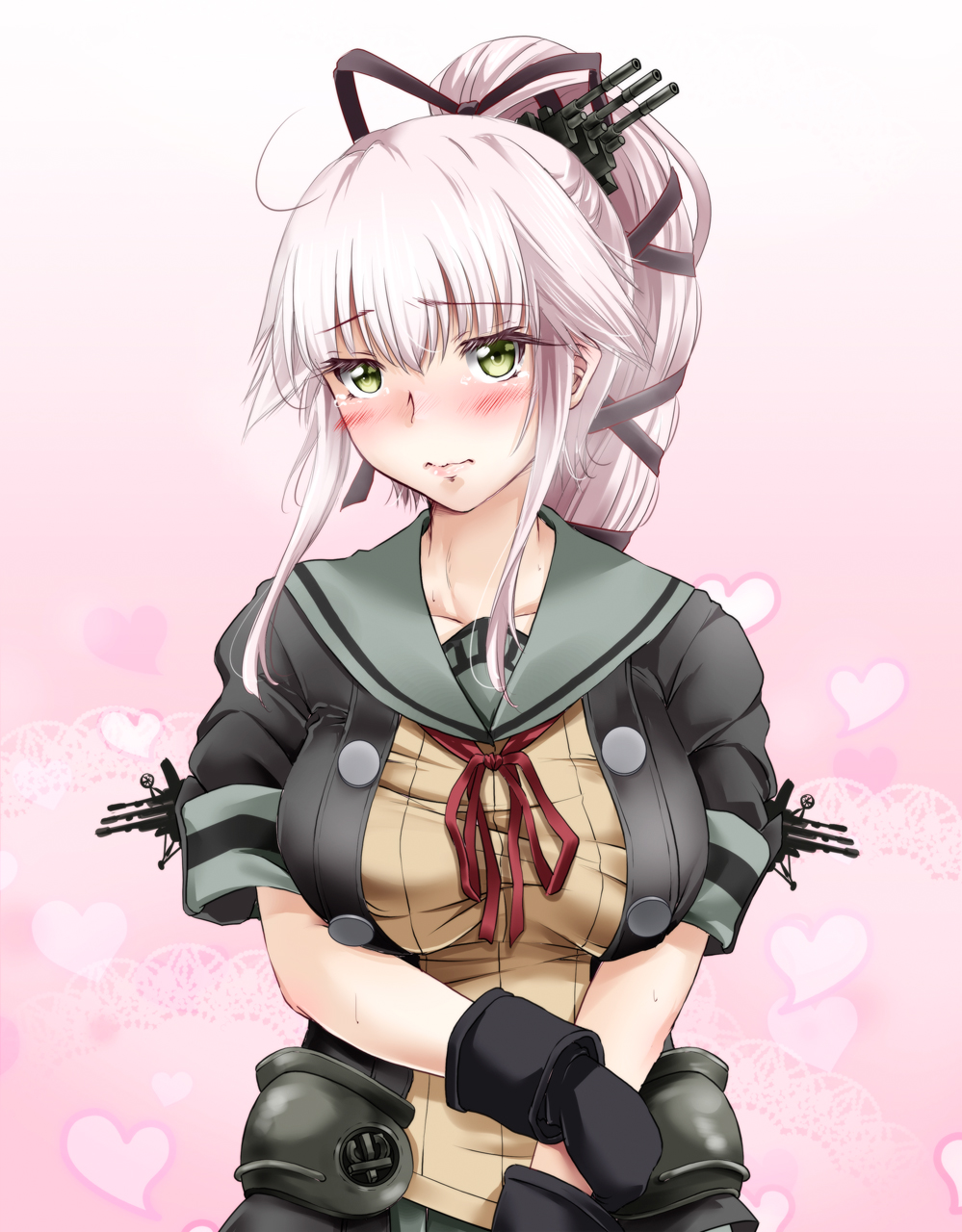 1girl black_gloves blush breasts collarbone commentary_request gloves green_eyes hair_flaps hair_ribbon heart highres kantai_collection long_hair looking_at_viewer medium_breasts pink_background pink_hair ponytail remodel_(kantai_collection) ribbon rigging school_uniform serafuku sidelocks solo tsukineko yura_(kantai_collection)