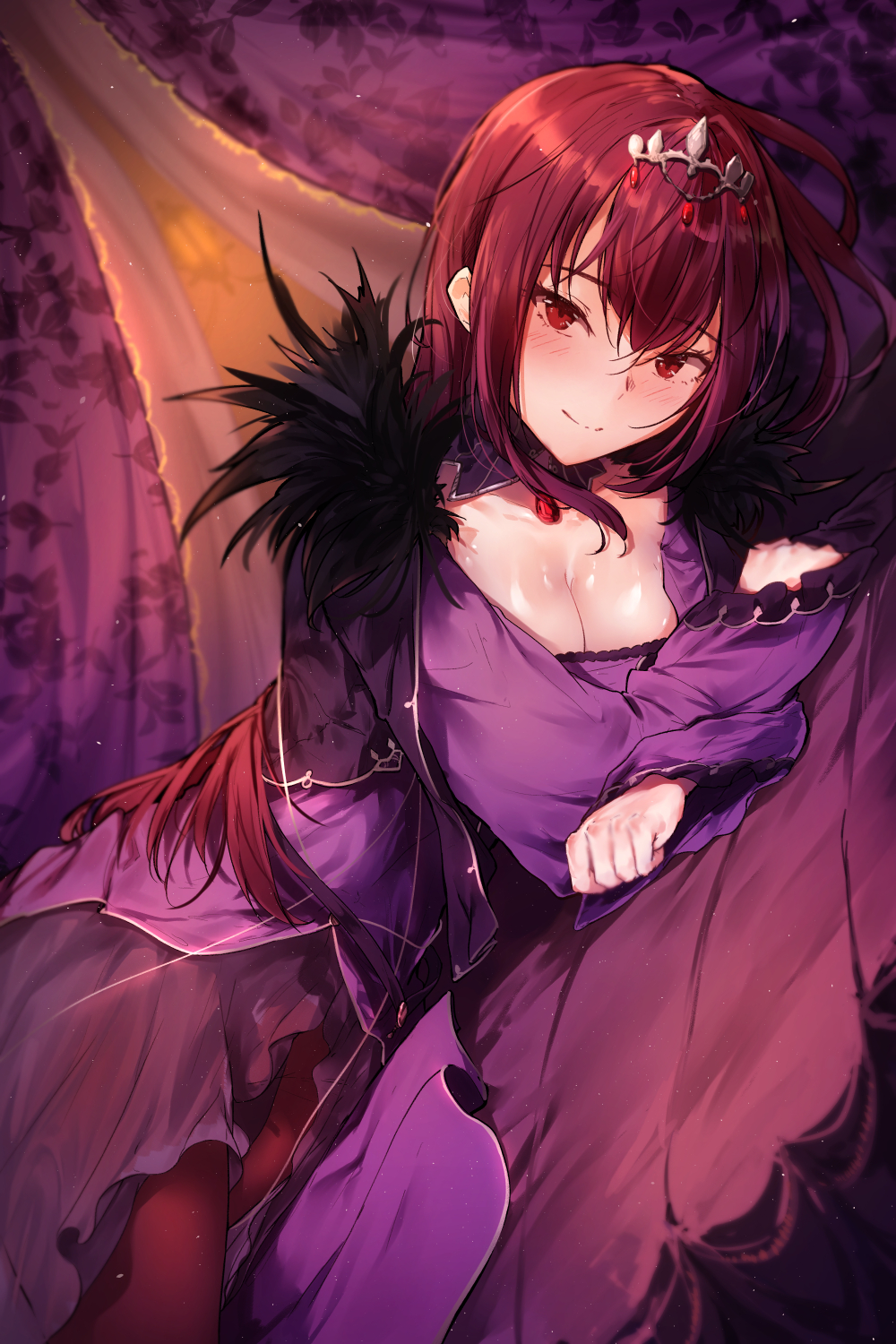 1girl bangs black_legwear blush breasts cleavage commentary_request crossed_arms curtains detached_collar dress dutch_angle fate/grand_order fate_(series) feather_trim highres hplay indoors long_hair long_sleeves looking_at_viewer lying medium_breasts on_bed on_stomach pantyhose purple_dress purple_hair scathach_(fate)_(all) scathach_skadi_(fate/grand_order) shiny shiny_skin smile solo tiara very_long_hair violet_eyes wide_sleeves
