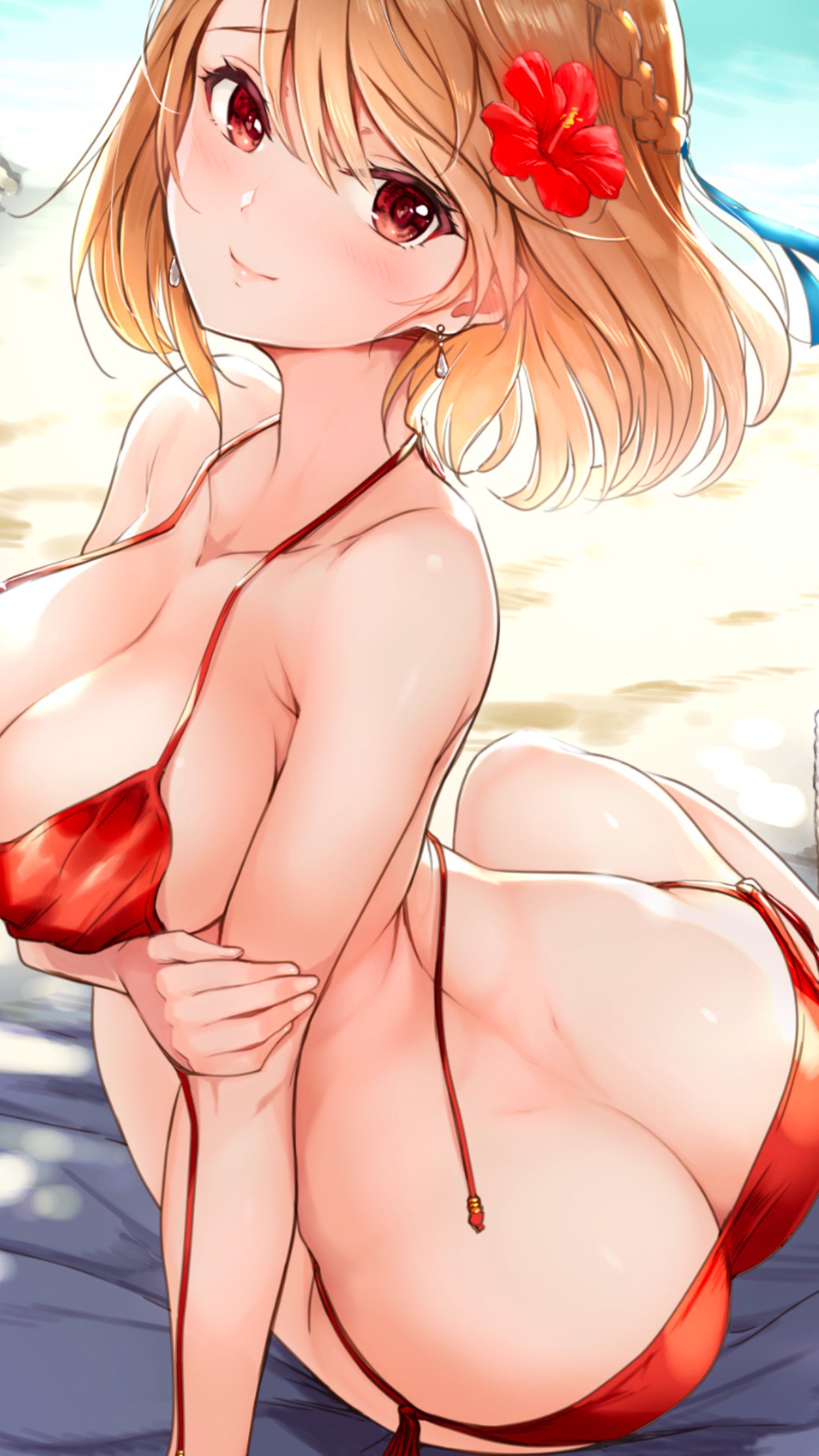 arm_support ass azur_lane backlighting beach bikini blonde_hair blush braid breast_hold breasts butt_crack cleavage closed_mouth dimples_of_venus earrings flower french_braid from_behind hair_flower hair_ornament halterneck hibiscus highres jewelry large_breasts light_brown_hair looking_at_viewer nylon outdoors prince_of_wales_(azur_lane) red_bikini red_eyes short_hair side_braid sitting smile swimsuit twisted_torso untied untied_bikini