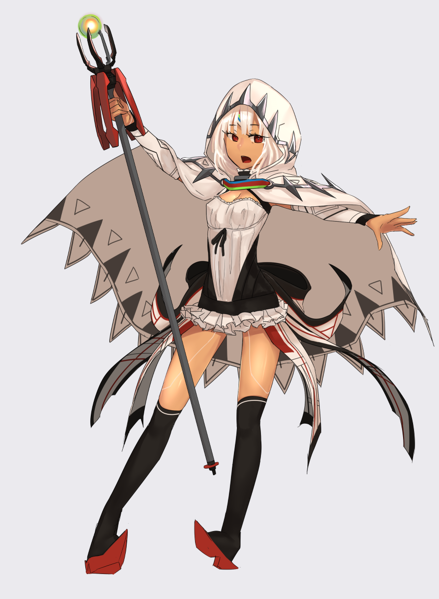 1girl altera_(fate) alternate_costume bangs breasts brooch cleavage cloak dark_skin detached_sleeves eyebrows_visible_through_hair fate/extella fate/extra fate/grand_order fate_(series) full_body full_body_tattoo headdress highres holding holding_weapon hood i-pan jewelry legs magical_girl open_mouth photon_ray red_eyes red_footwear short_hair simple_background skirt small_breasts socks solo staff tan tattoo weapon white_hair white_skirt