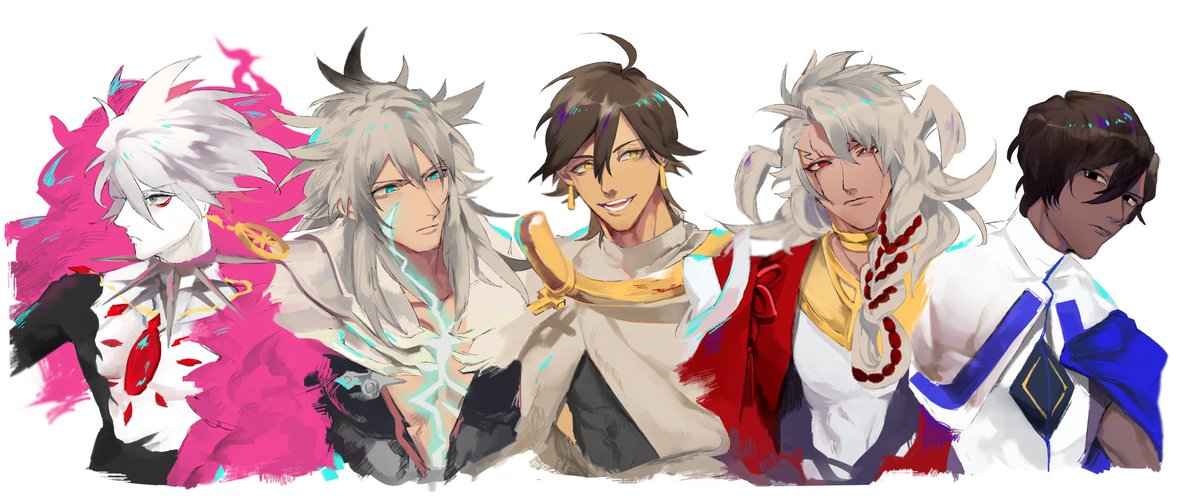 5boys ahoge arjuna_(fate/grand_order) armor blonde_hair blue_eyes dark_skin dark_skinned_male expressionless fate/apocrypha fate/grand_order fate/prototype fate/prototype:_fragments_of_blue_and_silver fate/stay_night fate_(series) fur_collar gold_trim green_eyes karna_(fate) lineup long_hair looking_at_viewer male_focus multiple_boys nari_(kal_brot) open_mouth ozymandias_(fate) pale_skin red_eyes short_hair siegfried_(fate) simple_background smile solomon_(fate/grand_order) tattoo upper_body white_background white_hair yellow_eyes