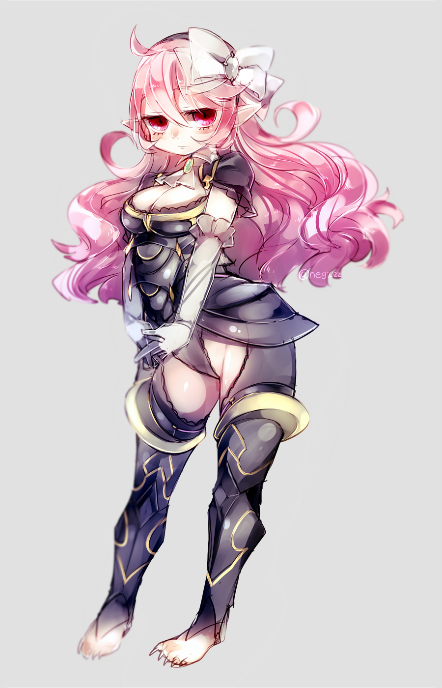 1girl armor black_armor black_hairband bow breasts cleavage commentary_request elbow_gloves female_my_unit_(fire_emblem_if) fire_emblem fire_emblem_if full_body gloves gold_trim grey_background hair_bow hairband half-closed_eyes highres long_hair medium_breasts my_unit_(fire_emblem_if) negiwo nintendo pink_hair pointy_ears red_eyes simple_background solo standing white_bow white_gloves