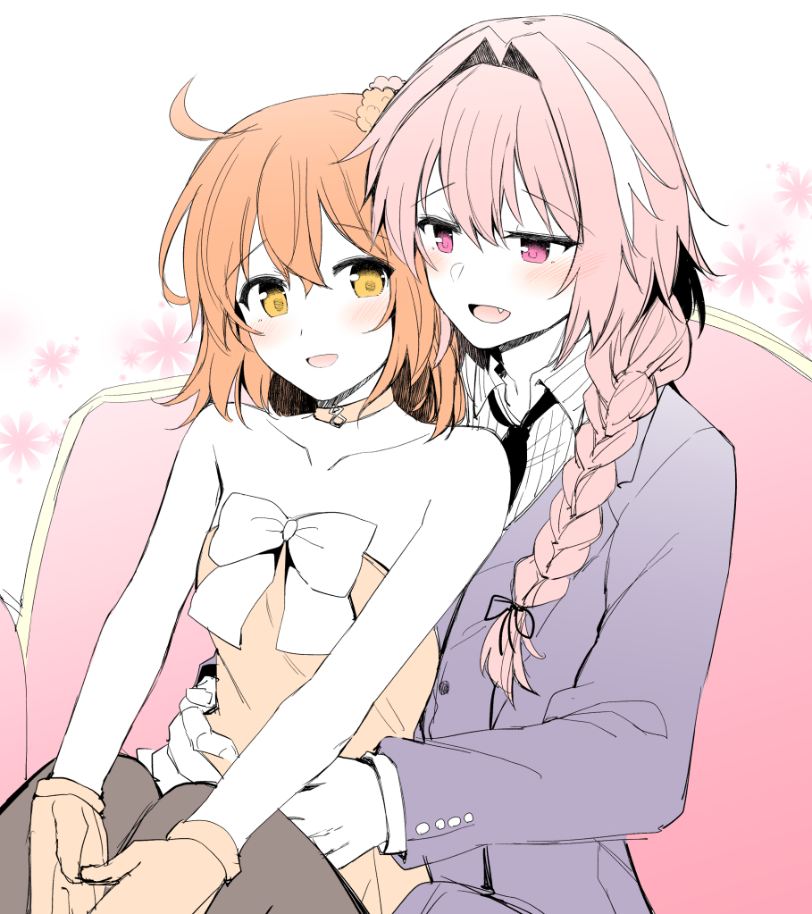 1boy 1girl ahoge astolfo_(fate) black_bow black_neckwear black_ribbon blush bow braid couch dress fang fate/grand_order fate_(series) flower formal fujimaru_ritsuka_(female) gloves hair_between_eyes hair_intakes hair_ornament hair_ribbon hair_scrunchie hands_on_another's_hips hug long_braid looking_at_another multicolored_hair necktie open_mouth orange_dress orange_eyes orange_hair otoko_no_ko pantyhose pink_hair ribbon rui_shi_(rayze_ray) scrunchie shirt single_braid sitting sitting_on_lap sitting_on_person sketch strapless strapless_dress streaked_hair striped striped_shirt suit suit_jacket white_background white_hair white_ribbon white_shirt