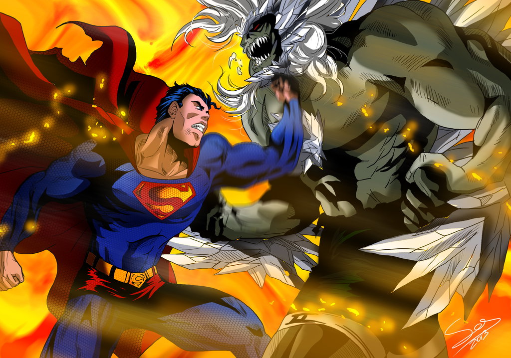 2boys battle black_hair blue_eyes cape dc_comics doomsday_(dc) fighting fire glowing glowing_eyes grey_skin multiple_boys muscle red_cape red_eyes sersiso short_hair spandex spikes superhero superman superman_(series)