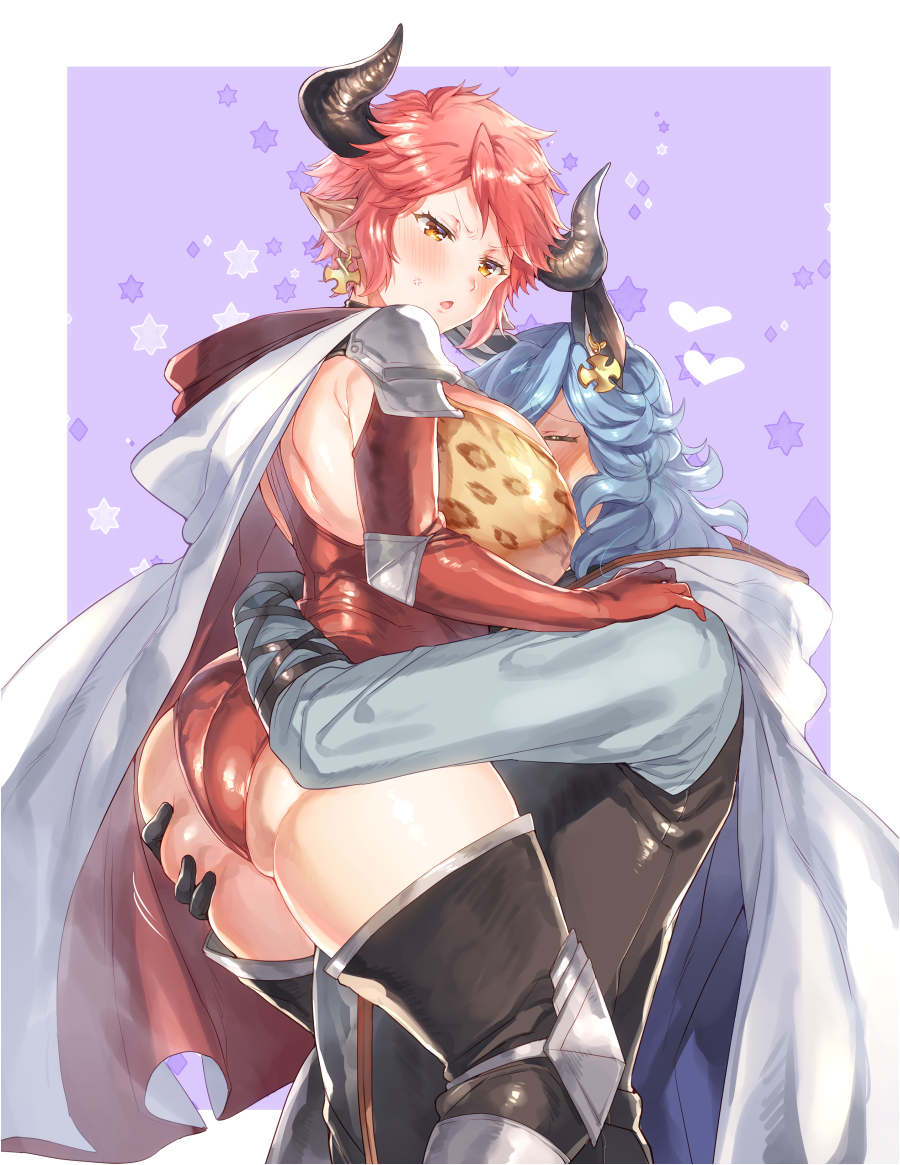 1boy 1girl :o anger_vein animal_ears animal_print ass ass_grab bangs between_breasts black_footwear blue_hair blue_shirt blush boots border breasts cape closed_eyes cow_ears cow_horns cross cross_earrings curvy drang_(granblue_fantasy) draph earrings elbow_gloves elbow_pads eno_yukimi erune eyebrows_visible_through_hair gloves granblue_fantasy hand_on_another's_shoulder head_between_breasts heart holding_person hood hood_down hooded_cape horns hug huge_breasts jewelry knee_pads leopard_print leotard long_hair long_sleeves looking_at_another orange_eyes outside_border pointy_ears purple_background red_cape red_gloves red_leotard redhead revision shiny shiny_hair shiny_skin shirt short_hair shoulder_armor shoulder_blades sidelocks spaulders standing star starry_background sturm_(granblue_fantasy) thigh-highs thigh_boots v-shaped_eyebrows wavy_hair white_border