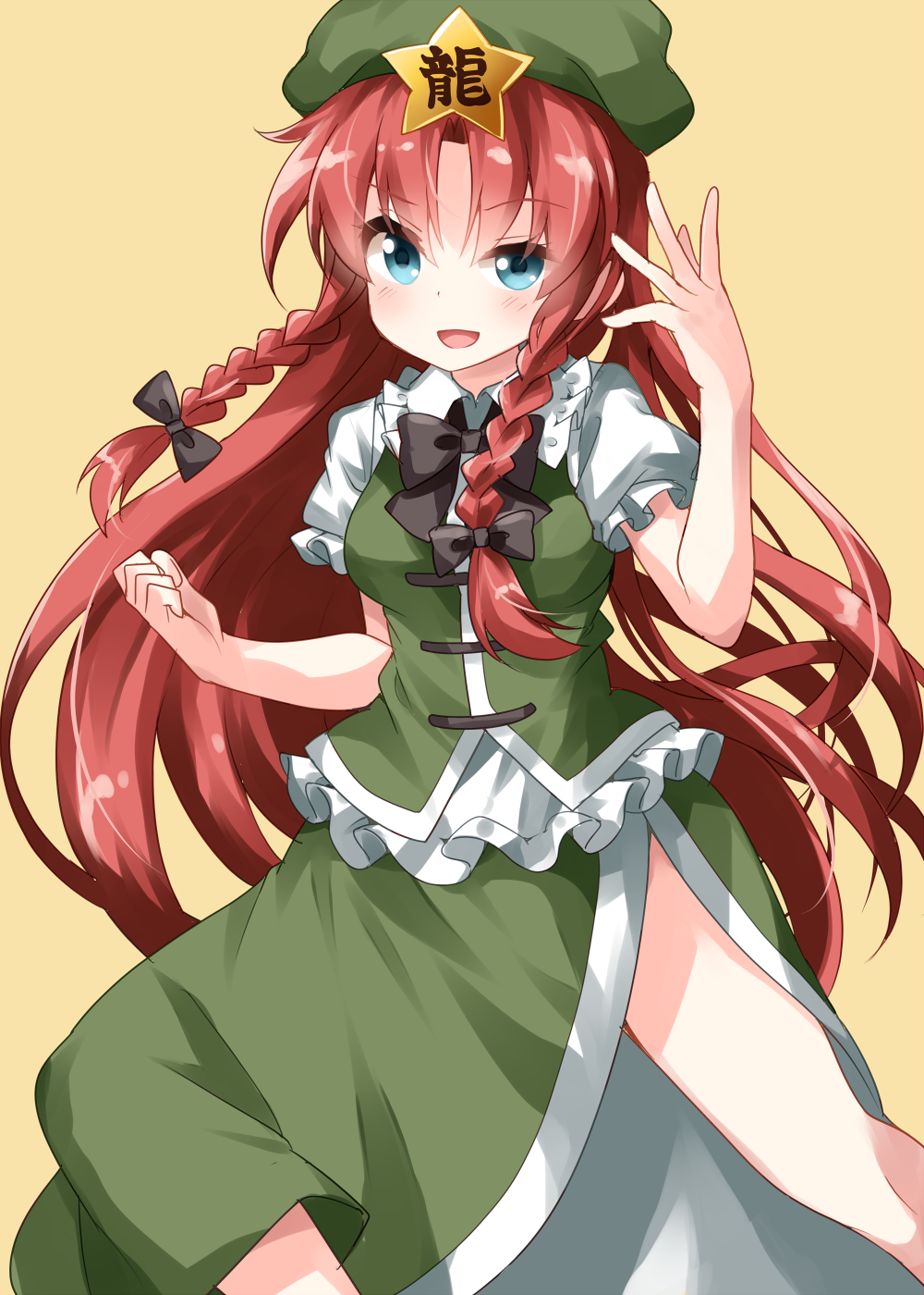 1girl arm_up bangs black_neckwear blue_eyes bow bowtie braid chinese_clothes clenched_hand cowboy_shot eyebrows_visible_through_hair fighting_stance flat_cap folded_leg frills green_hat green_vest hair_between_eyes hair_ribbon hat highres hong_meiling long_hair looking_at_viewer open_mouth parted_bangs puffy_short_sleeves puffy_sleeves redhead ribbon ruu_(tksymkw) shirt short_sleeves simple_background solo star touhou tress_ribbon twin_braids uneven_eyes very_long_hair vest white_shirt yellow_background