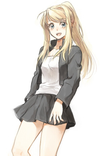 1girl :d bangs bare_legs black_skirt blonde_hair blue_eyes cowboy_shot eyebrows_visible_through_hair fullmetal_alchemist happy jacket long_hair looking_at_viewer open_mouth ponytail riru shirt simple_background skirt smile solo thighs upper_body white_background white_shirt winry_rockbell