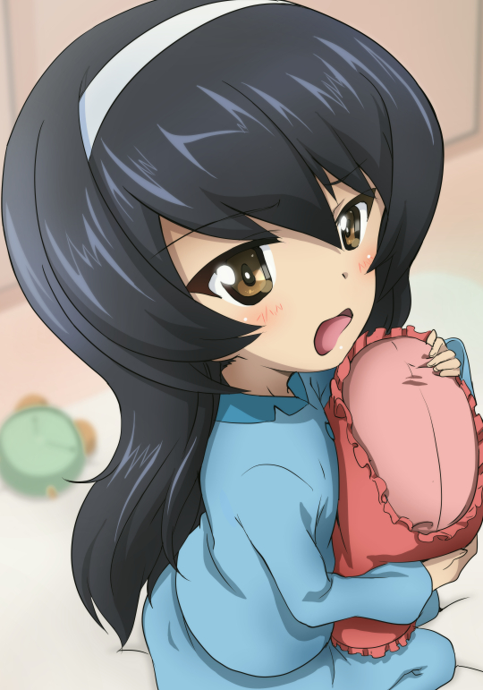 1girl bangs black_hair blue_pants blue_shirt blurry blurry_background brown_eyes depth_of_field eyebrows_visible_through_hair from_side frown girls_und_panzer hairband holding kanau long_hair long_sleeves looking_at_viewer looking_up on_bed open_mouth pajamas pants pillow pillow_hug reizei_mako shirt sitting solo wavy_mouth white_hairband