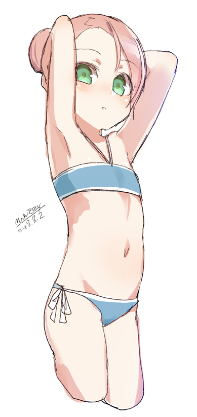 1girl armpits arms_up bandeau bangs bare_arms bare_shoulders bikini blue_bikini blush brown_hair cropped_legs dated eyebrows_visible_through_hair green_eyes hair_bun halter_top halterneck looking_at_viewer maze_(gochama_ze_gohan) navel original parted_lips side-tie_bikini signature simple_background sketch solo swimsuit white_background