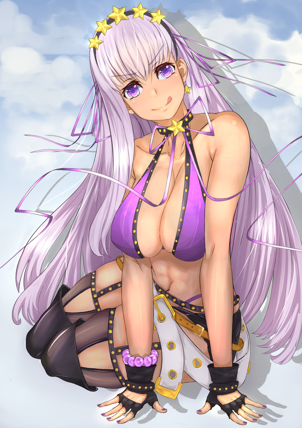 1girl bb_(fate)_(all) bb_(swimsuit_mooncancer)_(fate) belt bikini black_gloves breasts choker cleavage commentary commission earrings english_commentary fate/grand_order fate_(series) fingerless_gloves gloves gyaru hair_ornament hair_ribbon highres jewelry large_breasts long_hair loose_belt nail_polish parted_lips purple_bikini purple_hair purple_ribbon ribbon solo star star_choker star_earrings star_hair_ornament swimsuit taiko3000cc tan thigh-highs tongue tongue_out very_long_hair violet_eyes