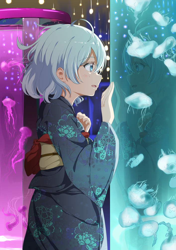 1girl against_glass ahoge animal aquarium blue_eyes blue_hair blue_kimono blush ceiling_light commentary_request cowboy_shot eyebrows_visible_through_hair floral_print from_side hair_between_eyes hand_on_own_chest hands_up indoors japanese_clothes jellyfish kei_(0497) kimono long_sleeves obi original parted_lips print_kimono profile reflection sash short_hair smile solo wide_sleeves