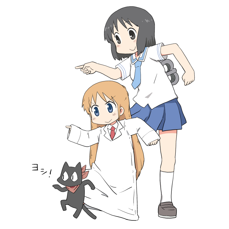 2girls android black_cat black_eyes black_hair blouse blue_dress blue_eyes cat commentary_request dress genba_neko labcoat loafers long_hair meme mizushima_(p201112) multiple_girls necktie nichijou orange_hair pointing professor_shinonome sakamoto_(nichijou) scarf school_uniform serafuku shinonome_nano shoes short_hair sleeves_past_wrists socks standing standing_on_one_leg tokisadame_school_uniform white_background white_blouse white_legwear winding_key