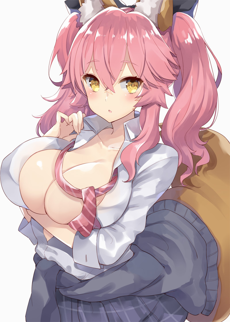 1girl animal_ears arm_under_breasts bangs blush bow breast_hold breasts brown_eyes cleavage clothes_around_waist collarbone commentary eyebrows_visible_through_hair fate/extra fate/grand_order fate_(series) fox_ears fox_girl fox_tail grey_background grey_sweater hair_between_eyes hair_bow large_breasts long_hair long_sleeves looking_at_viewer necktie open_clothes open_shirt pink_hair school_uniform shirt simple_background sweater sweater_around_waist tail tail_raised tamamo_(fate)_(all) tamamo_jk_(fate) twintails white_shirt yellow_eyes yuzu-aki