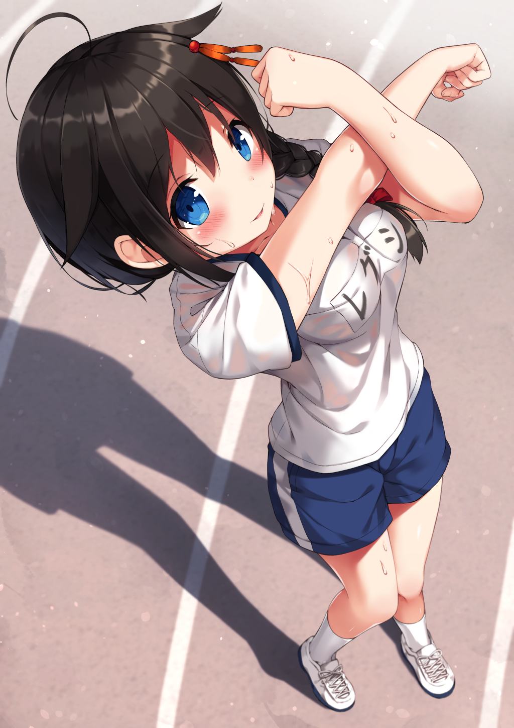 1girl ahoge bangs black_hair blue_eyes blue_shorts blush braid breasts collarbone commentary_request day eyebrows_visible_through_hair ezoshika from_above full_body gym_shirt gym_uniform hair_between_eyes hair_flaps hair_ornament hair_over_shoulder highres kantai_collection long_hair looking_at_viewer looking_up medium_breasts name_tag outdoors parted_lips perspective remodel_(kantai_collection) shadow shigure_(kantai_collection) shirt shoes short_shorts short_sleeves shorts side_braid sidelocks single_braid smile socks solo standing stretch sweat white_footwear white_legwear white_shirt
