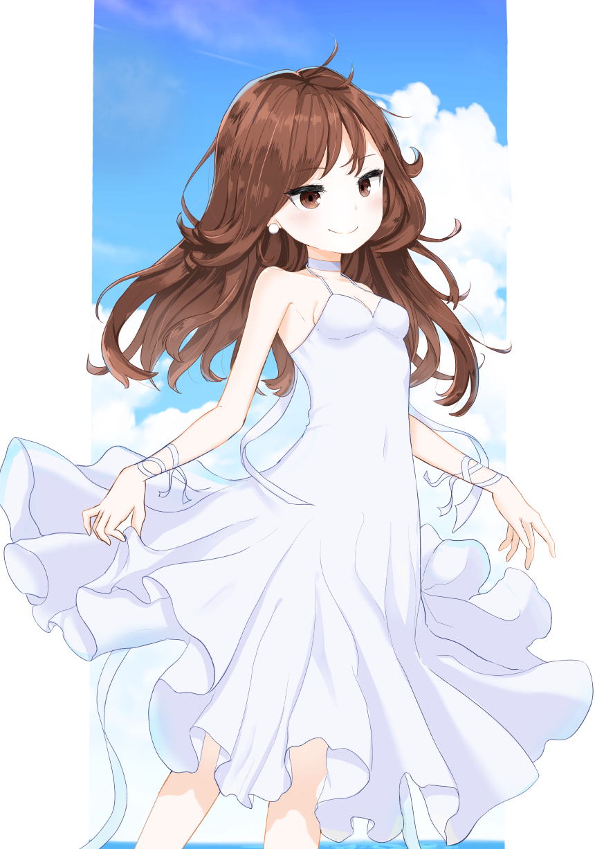 1girl arm_ribbon bangs bare_shoulders blue_sky blush breasts brown_eyes brown_hair choker closed_mouth clouds collarbone commentary_request coraman day dress earrings eyebrows_visible_through_hair highres horizon jewelry long_hair ocean original pleated_dress ribbon skirt_hold sky sleeveless sleeveless_dress small_breasts smile solo standing sundress water white_choker white_dress white_ribbon