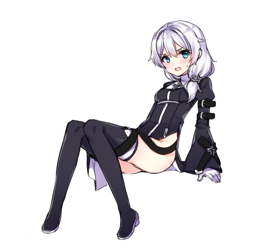 1girl arm_belt benghuai_xueyuan black_dress black_footwear blue_eyes blush dress eyebrows_visible_through_hair full_body gloves honkai_impact juliet_sleeves kuro_(kuronell) leaning_back long_hair long_sleeves looking_at_viewer open_mouth puffy_sleeves side_slit silver_hair simple_background sitting solo theresa_apocalypse thigh-highs white_background white_gloves wide_sleeves