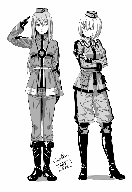 2girls boots breasts cross-laced_footwear crossed_arms dated eiyuu_densetsu full_body garrison_cap gloves greyscale hat long_hair long_sleeves looking_at_another medium_breasts military military_uniform monochrome multiple_girls original pants salute sen_no_kiseki shirt short_hair signature simple_background small_breasts smile standing straight_hair uniform werkbau white_background