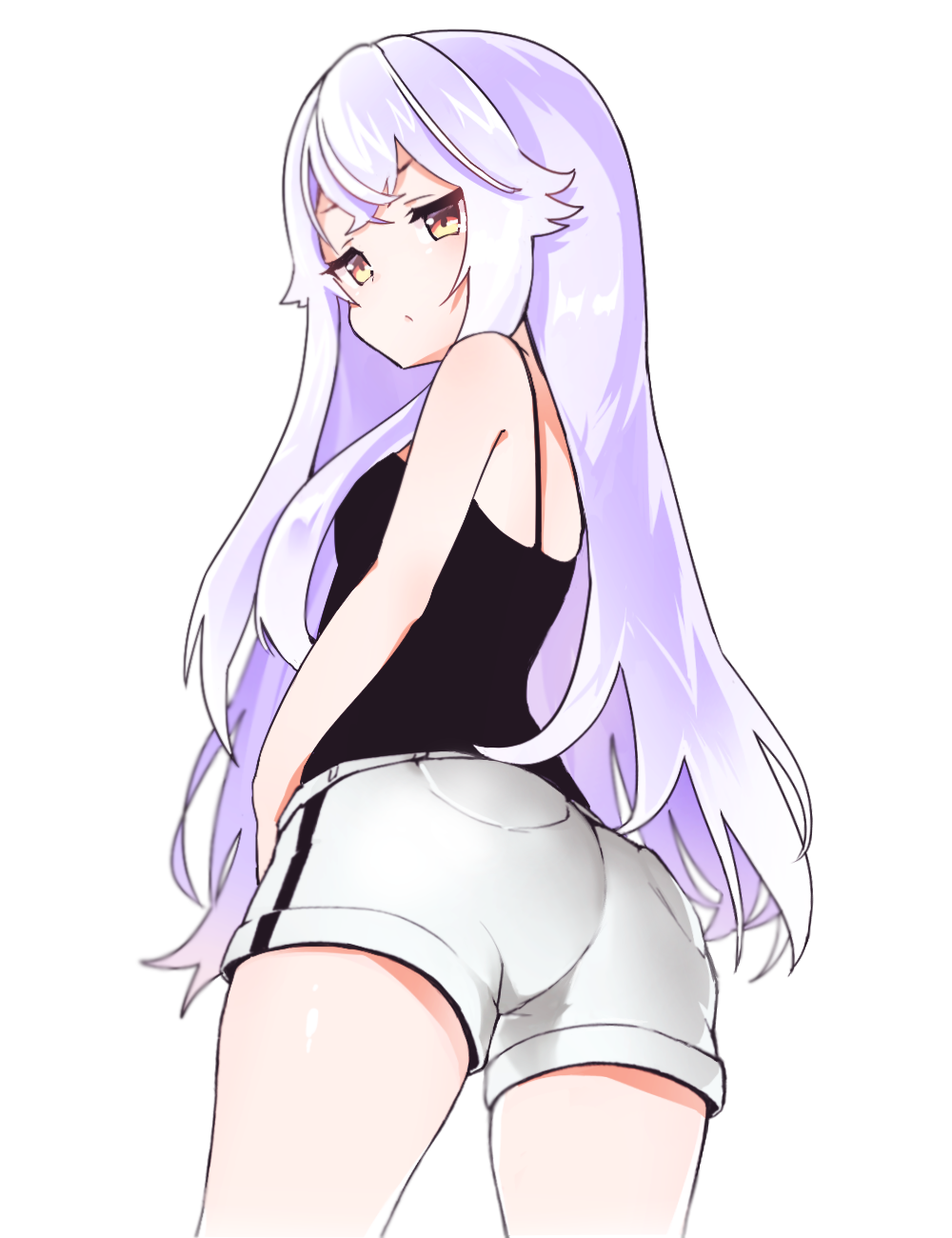 13o 1girl ass azuma_lim azuma_lim_channel bangs bare_arms bare_shoulders black_camisole blush brown_eyes camisole closed_mouth commentary_request cowboy_shot eyebrows_behind_hair from_behind highres long_hair looking_at_viewer looking_back purple_hair short_shorts shorts simple_background solo very_long_hair virtual_youtuber white_background white_shorts