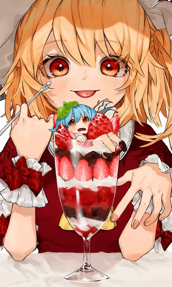 2girls :p alternate_costume ascot bangs bllush blonde_hair blue_hair bow chocolate_syrup commentary_request cup dress drinking_glass eyebrows_visible_through_hair flandre_scarlet food fruit gotoh510 hair_between_eyes hands_up hat holding holding_spoon ice_cream in_container in_cup leaf leaf_on_head looking_at_viewer minigirl mob_cap multiple_girls one_side_up open_mouth red_bow red_dress red_eyes remilia_scarlet short_hair siblings sisters spoon strawberry sundae tongue tongue_out touhou upper_body white_hat wrist_cuffs yellow_neckwear