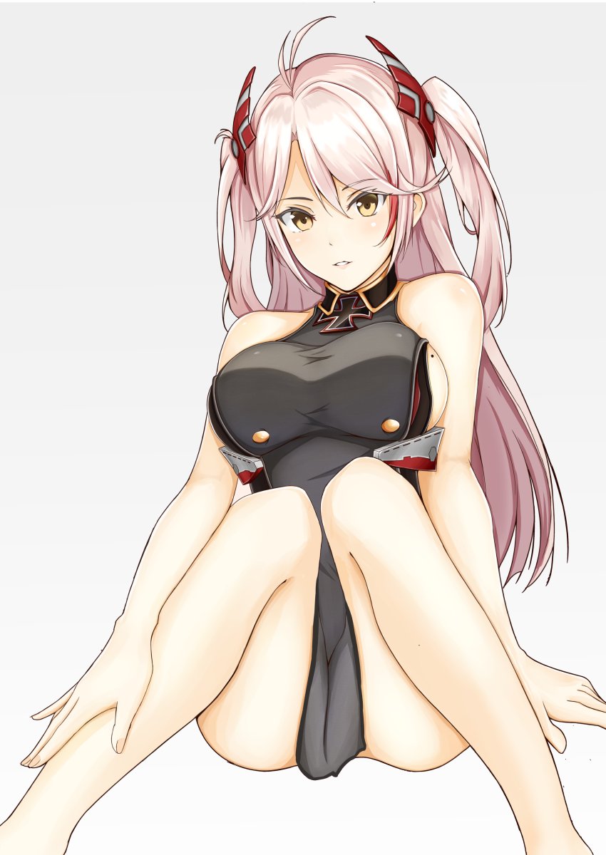 1girl antenna_hair arm_support armpit_cutout ass azur_lane bangs bare_arms bare_legs blush breasts eyebrows_visible_through_hair gradient gradient_background hair_between_eyes hand_on_ankle headgear highres iron_cross knees_up large_breasts long_hair looking_at_viewer mole mole_on_breast multicolored_hair nekkusu_(nex_06) no_legwear parted_lips pelvic_curtain prinz_eugen_(azur_lane) redhead silver_hair simple_background sitting solo streaked_hair thighs two_side_up very_long_hair
