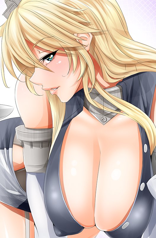 1girl all_fours bare_shoulders blonde_hair blush breasts cleavage cleavage_cutout covered_nipples elbow_gloves eyebrows_visible_through_hair garter_straps gloves green_eyes hair_between_eyes hanging_breasts headgear huge_breasts iowa_(kantai_collection) kantai_collection long_hair looking_at_viewer miniskirt parted_lips pink_lips size_hermitage skirt