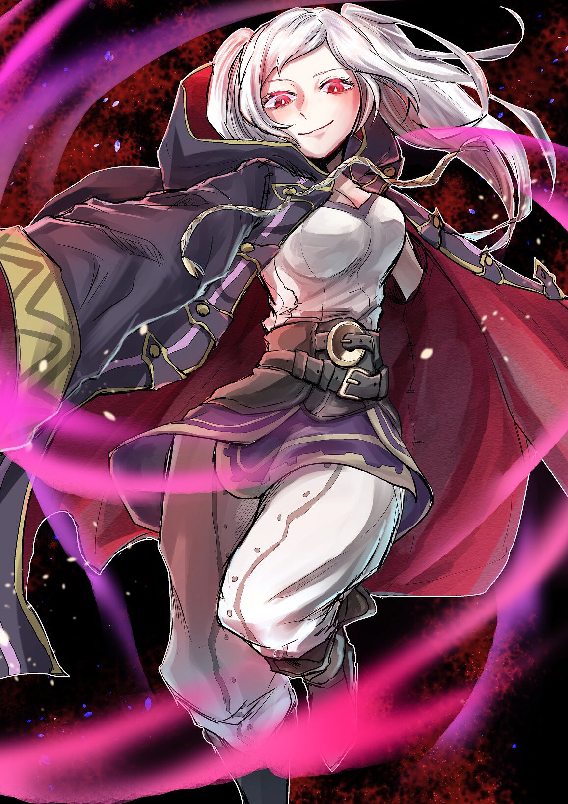 1girl aura belt breasts cleavage closed_mouth dark_aura female_my_unit_(fire_emblem:_kakusei) fire_emblem fire_emblem:_kakusei fire_emblem_heroes gimurei highres hood hoshigaki_(hsa16g) medium_breasts my_unit_(fire_emblem:_kakusei) nintendo open_clothes open_robe pants red_eyes robe solo twintails white_hair