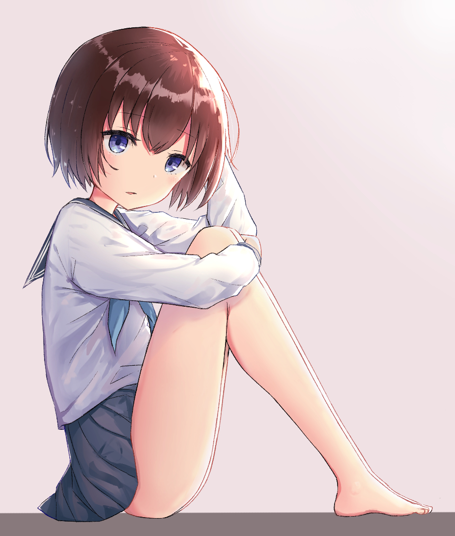 1girl arm_up bangs bare_legs barefoot blue_eyes blue_neckwear blue_sailor_collar blue_skirt blush brown_background brown_hair commentary_request coraman eyebrows_visible_through_hair from_side hair_between_eyes head_tilt leg_hug long_sleeves looking_at_viewer looking_to_the_side neckerchief original parted_lips pleated_skirt sailor_collar school_uniform serafuku short_hair sitting skirt solo two-tone_background