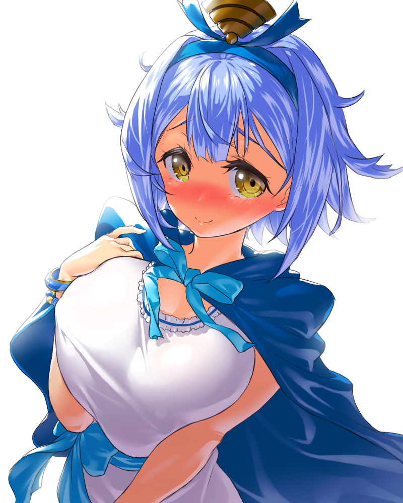 1girl blue_cape blue_hair blue_neckwear blue_ribbon blush breast_squeeze breasts cape closed_mouth destiny_child dress hair_ornament hairband hand_up large_breasts looking_at_viewer neck_ribbon nose_blush onsoku_maru ribbon sash simple_background smile solo upper_body white_background white_dress wristband yellow_eyes