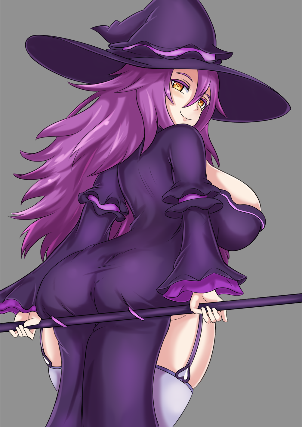 1girl ass breasts commentary curvy dark_mage_(monster_girl_encyclopedia) from_behind garter_straps grey_background hair_between_eyes hat highres huge_ass huge_breasts long_hair long_sleeves looking_at_viewer looking_back monster_girl_encyclopedia nav purple_hair simple_background skindentation smile solo staff thigh-highs white_legwear wide_sleeves witch_hat yellow_eyes