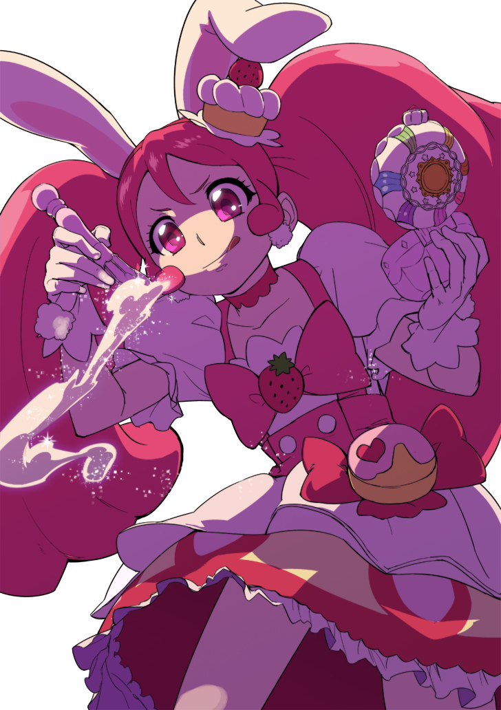 1girl :q animal_ears cake_hair_ornament choker cure_whip food_themed_hair_ornament gloves hair_ornament kirakira_precure_a_la_mode long_hair magical_girl pink_eyes pink_hair precure puffy_short_sleeves puffy_sleeves rabbit_ears red_choker short_sleeves simple_background skirt solo tongue tongue_out twintails usami_ichika uyoshi white_background white_gloves