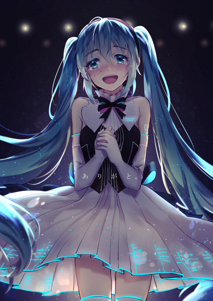 1girl :d black_hairband black_ribbon blue_eyes blue_hair blush cowboy_shot crying crying_with_eyes_open dress elbow_gloves eyebrows_visible_through_hair floating_hair gloves hair_between_eyes hairband hatsune_miku head_tilt long_hair looking_at_viewer miku_symphony_(vocaloid) momoko_(momoko14) neck_ribbon open_mouth pleated_dress ribbon short_dress sleeveless sleeveless_dress smile solo standing tears thigh-highs twintails very_long_hair vocaloid white_dress white_gloves white_legwear