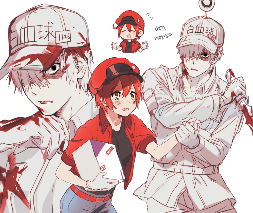 1boy 1girl ae-3803 black_eyes blood bloody_clothes cabbie_hat collared_shirt gloves hair_over_one_eye hat hataraku_saibou jacket mery_(apfl0515) package red_blood_cell_(hataraku_saibou) red_jacket shirt shorts simple_background u-1146 uniform white_background white_blood_cell_(hataraku_saibou) white_gloves white_hair white_hat white_skin