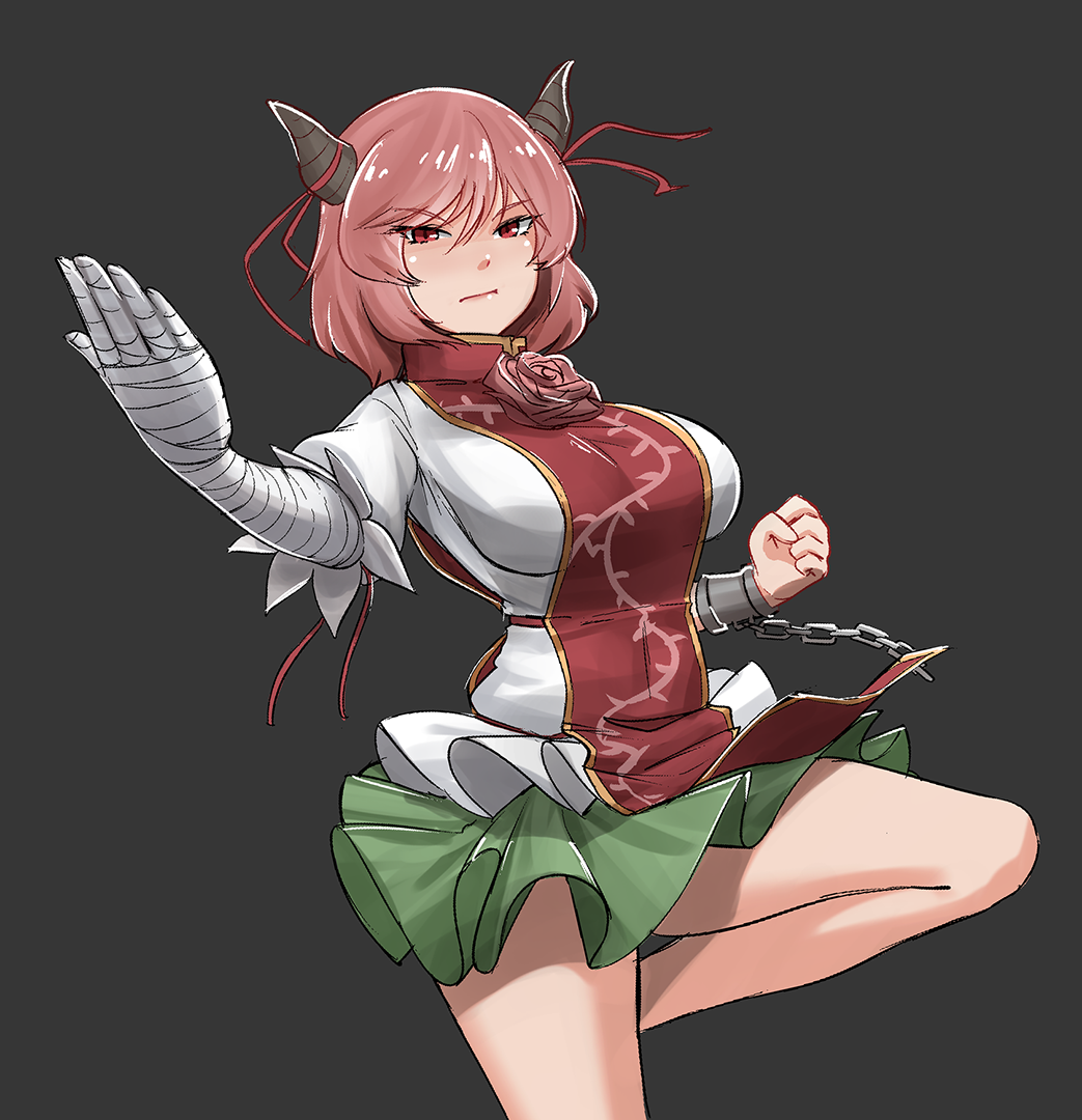 1girl bandage bandaged_arm bandages bare_legs bracer breasts chains clenched_hand dark_background dress fighting_stance green_skirt grey_background horns ibaraki_kasen large_breasts leg_lift leg_up looking_at_viewer miniskirt mochi_(chain_csn) pink_hair red_eyes ribbon serious short_hair simple_background skirt solo tabard touhou white_dress