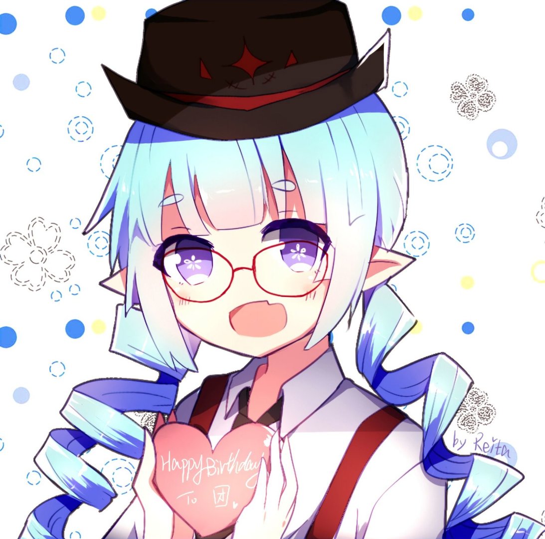 1girl blue_hair blush demon_girl drill_hair elsword eyebrows_visible_through_hair fang happy_birthday hat heart luciela_r._sourcream luruko61 pointy_ears smile star star-shaped_pupils symbol symbol-shaped_pupils violet_eyes