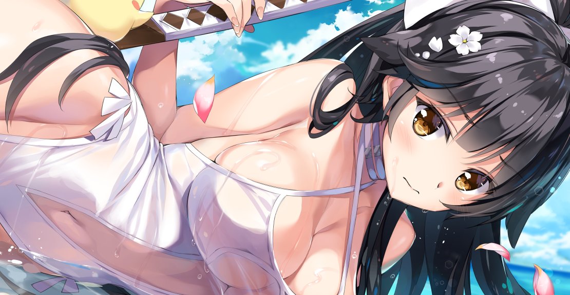 1girl azur_lane black_hair blue_hair bokken bow breasts brown_eyes casual_one-piece_swimsuit cowboy_shot criss-cross_halter hair_bow hair_flaps halterneck large_breasts long_hair lying on_side one-piece_swimsuit oryou partially_submerged ponytail ribbon solo swimsuit sword takao_(azur_lane) water weapon white_bow white_ribbon white_swimsuit wooden_sword