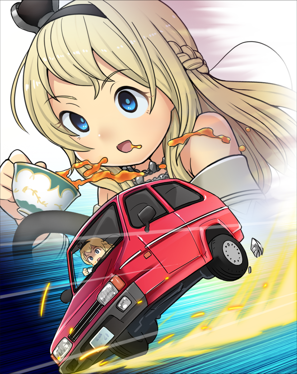 1girl blonde_hair blue_eyes braid car close-up commentary_request crown cup dress driving french_braid ground_vehicle highres jewelry kantai_collection long_hair mini_crown mizuki_raika motion_lines motor_vehicle necklace off-shoulder_dress off_shoulder reliant_robin solo spill tea teacup upper_body warspite_(kantai_collection) zoom_layer