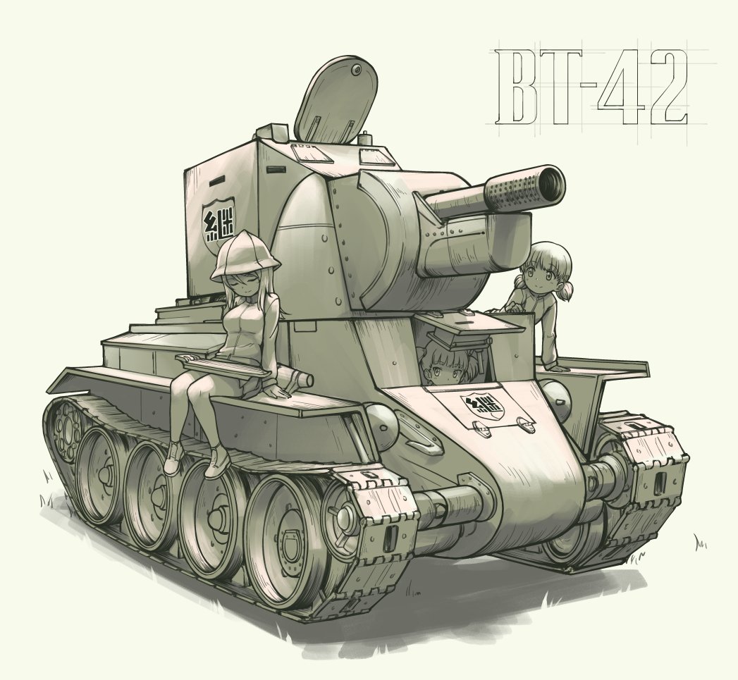 3girls aki_(girls_und_panzer) bt-42 cannon character_request closed_eyes closed_mouth commentary emblem english_commentary eyebrows_visible_through_hair girls_und_panzer grey_background greyscale ground_vehicle hat jacket keizoku_(emblem) keizoku_military_uniform long_sleeves looking_at_another low_twintails mika_(girls_und_panzer) mikko_(girls_und_panzer) military military_vehicle monochrome motor_vehicle multiple_girls pas_(paxiti) peeking_out shoes simple_background sitting smile tank twintails