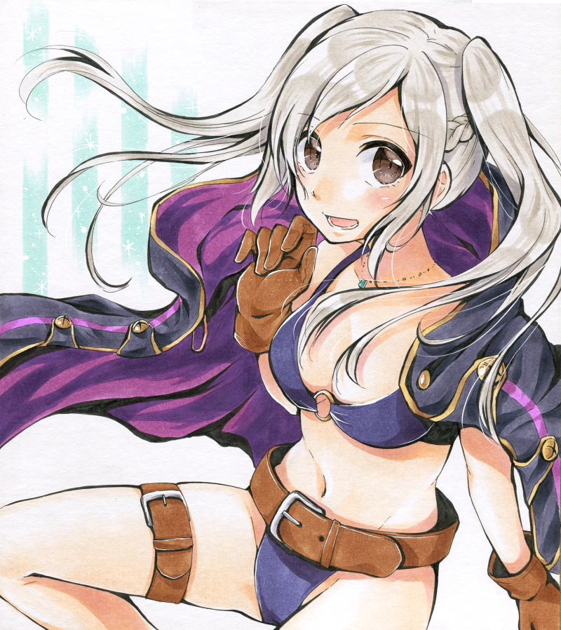 1girl belt bikini braid breasts brown_eyes cleavage cloak female_my_unit_(fire_emblem:_kakusei) fire_emblem fire_emblem:_kakusei fire_emblem_heroes gloves jewelry leather leather_gloves long_hair looking_at_viewer medium_breasts midriff my_unit_(fire_emblem:_kakusei) navel necklace nintendo o-ring o-ring_bikini o-ring_top open_mouth parune_chigetsu purple_bikini silver_hair solo swimsuit thigh_strap twintails