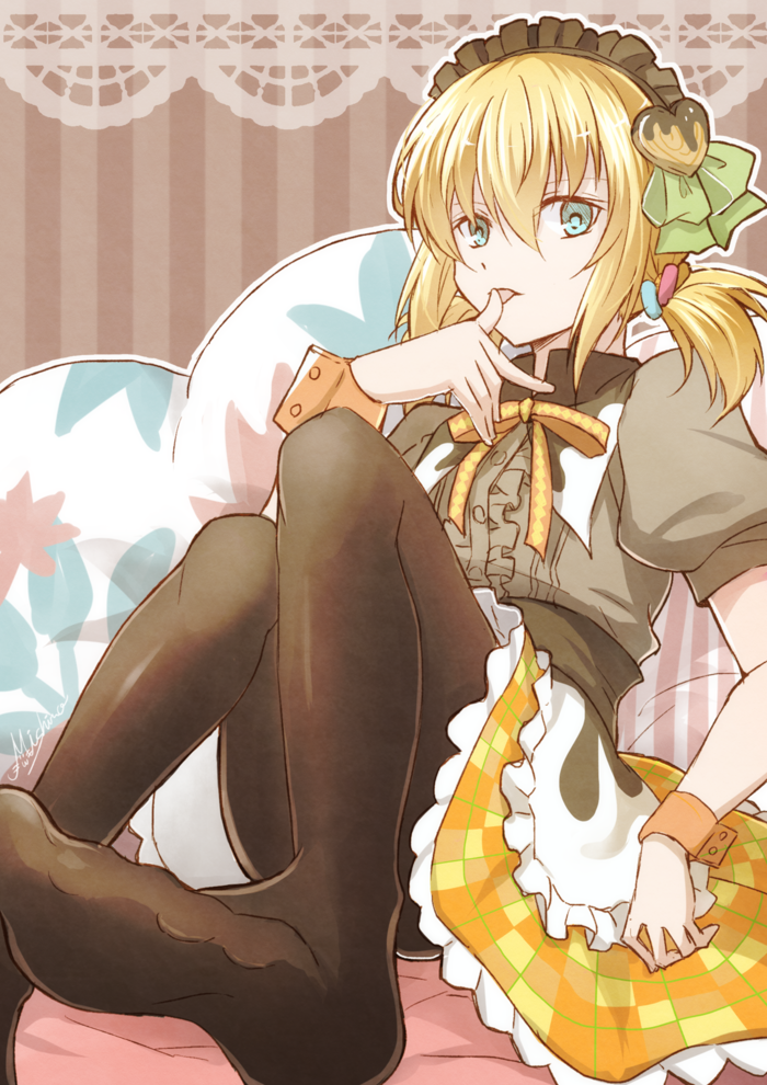 1girl bangs black_legwear blonde_hair blue_eyes center_frills edna_(tales) grey_shirt hair_between_eyes heart looking_at_viewer maid_headdress mishiro_(andante) orange_ribbon outline pantyhose puffy_short_sleeves puffy_sleeves ribbon shirt short_hair short_sleeves short_twintails sitting skirt solo striped striped_background tales_of_(series) tales_of_zestiria tongue tongue_out twintails vertical-striped_background vertical_stripes white_outline wrist_cuffs