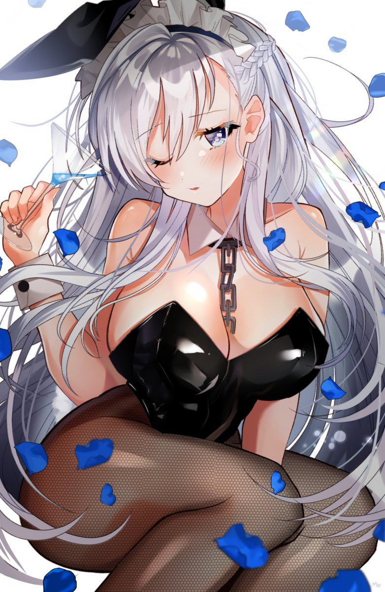 1girl alternate_costume animal_ears azur_lane bangs belfast_(azur_lane) between_legs black_legwear black_leotard blue_eyes blush braid breasts bunny_girl bunny_tail bunnysuit chains cleavage collar collarbone cup detached_collar eyebrows_visible_through_hair fishnet_pantyhose fishnets floating_hair french_braid hand_between_legs highres holding holding_cup large_breasts leotard long_hair looking_at_viewer maid_headdress one_eye_closed open_mouth pantyhose petals pomu_(pomu_me) rabbit_ears sidelocks silver_hair simple_background sitting solo tail thighs white_background wind wrist_cuffs