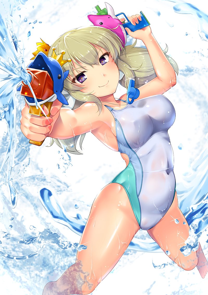 1girl 8000 blonde_hair competition_swimsuit dolphin dual_wielding feet_out_of_frame holding kafuru_(senran_kagura) looking_at_viewer low_twintails one-piece_swimsuit senran_kagura senran_kagura_estival_versus solo swimsuit twintails violet_eyes water water_gun white_background white_swimsuit