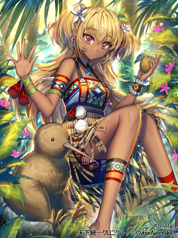 1girl armband bird blonde_hair brown_skirt dark_skin day flower food fruit gem grass hair_flower hair_ornament hand_up interitio jewelry jungle kiwi kiwifruit legband long_hair looking_at_viewer nature necklace official_art outdoors pom_pom_(clothes) red_eyes sitting skirt sunlight tenka_touitsu_chronicle tree very_long_hair watermark wrist_cuffs