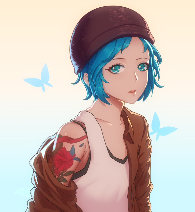 1girl arm_tattoo beanie blue_eyes blue_hair brown_jacket bug butterfly chloe_price hat insect jacket kokoala life_is_strange looking_at_viewer off_shoulder open_clothes open_jacket parted_lips short_hair solo tank_top tattoo upper_body