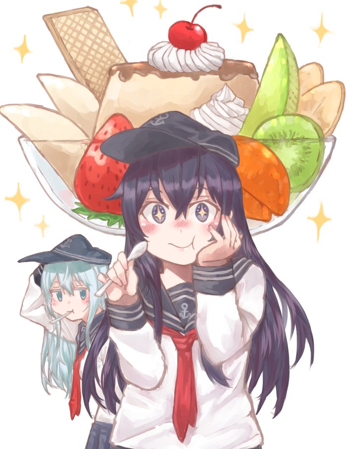 +_+ 2girls akatsuki_(kantai_collection) anchor_symbol az_toride black_hair black_sailor_collar black_skirt blue_eyes cherry commentary_request eating flat_cap food fruit hand_on_own_face hat hibiki_(kantai_collection) holding holding_spoon kantai_collection long_hair looking_at_viewer mouth_hold multiple_girls neckerchief pleated_skirt pudding red_neckwear sailor_collar school_uniform serafuku silver_hair simple_background skirt sparkle spoon upper_body violet_eyes white_background