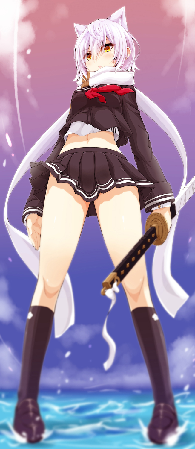 1girl animal_ears arms_at_sides azur_lane black_legwear black_serafuku black_skirt blush breasts from_below full_body hair_between_eyes highres holding holding_sword holding_weapon katana loafers long_sleeves looking_at_viewer maya_(azur_lane) miniskirt navel neckerchief ocean outdoors parted_lips pleated_skirt scarf school_uniform serafuku shoes short_hair skirt small_breasts socks solo standing standing_on_liquid sword watarui weapon white_scarf