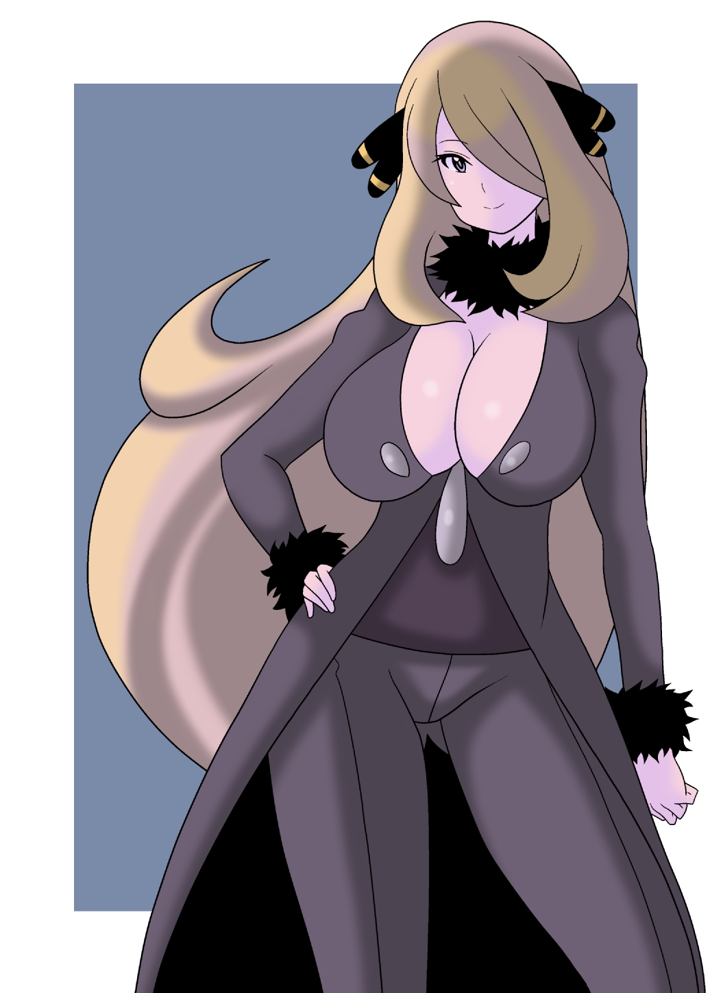 1girl blonde_hair blue_background breasts brown_eyes cleavage coat creatures_(company) fur_trim game_freak hair_ornament hair_over_one_eye hand_on_hip hands highres hips koutarosu large_breasts long_hair looking_at_viewer nintendo pokemon pokemon_(game) pokemon_dppt shirona_(pokemon) smile solo thighs